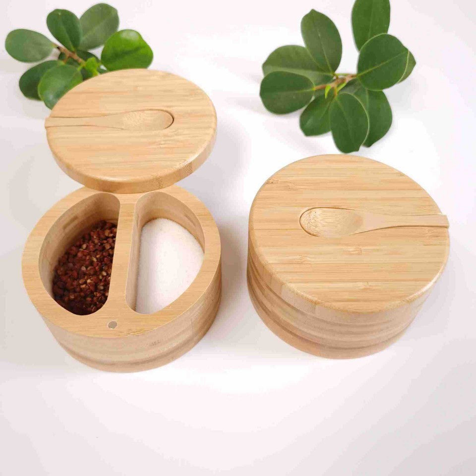 Pot d’assaisonnement en bambou à double compartiment